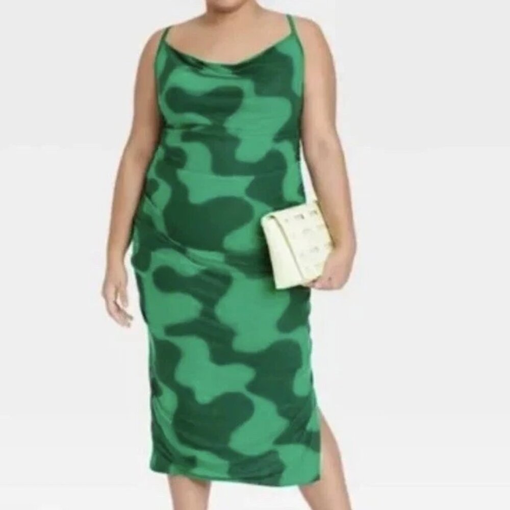 Ava & Viv Green Print Sleeveless Ruched Mesh Dress
